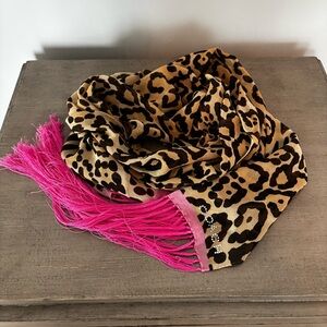 Coach Leopard Print Scarf with Pink Fringe